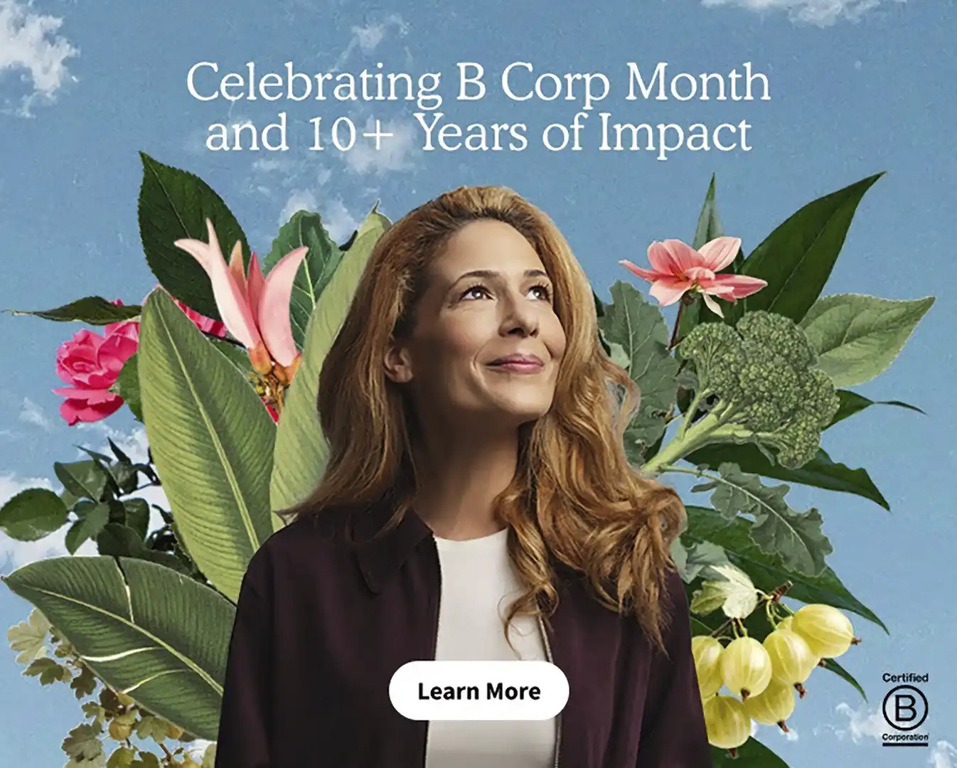 A woman looks up among botanicals under Celebrating B Corp Month and 10+ Years of Impact