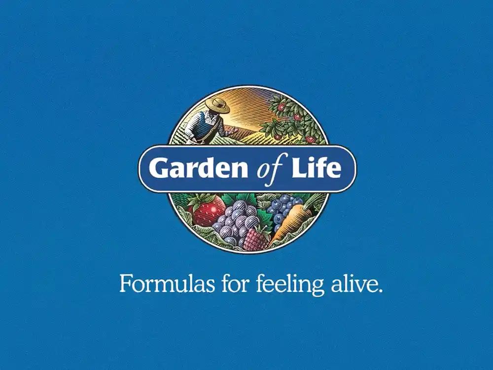 Garden of Life circular farmer logo on blue with the line Formulas for feeling alive