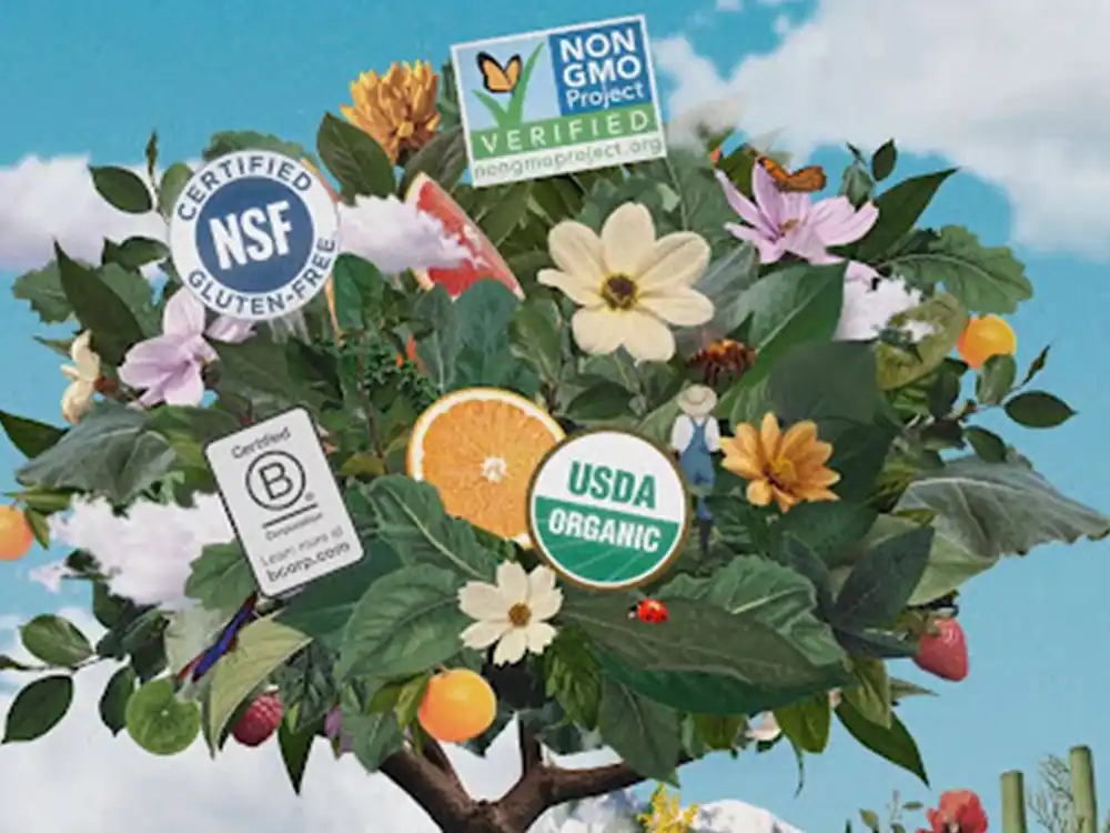 NSF, Non-GMO, USDA Organic, and B Corp seals nest in a flowering tree, from Garden of Life's Formulas for Feeling Alive