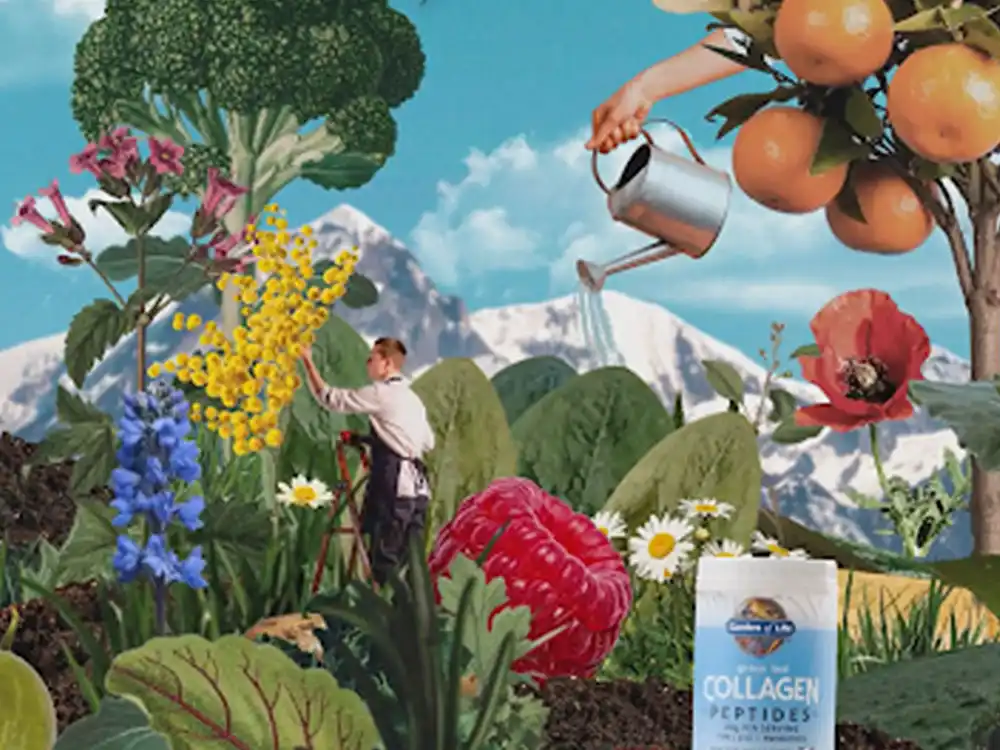 A gardener tends oversized flowers as a watering can pours, with Collagen Peptides in the corner, from Formulas for Feeling Alive