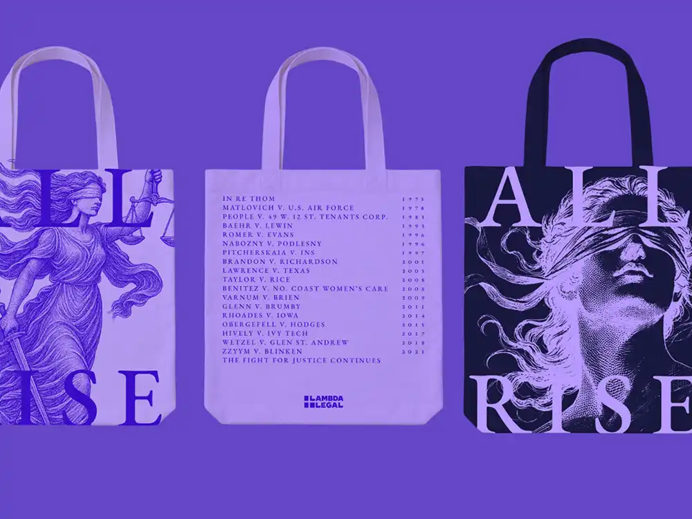 Three All Rise tote bags with Lady Justice and a Lambda Legal case list on purple, from Lambda Legal's All Rise campaign