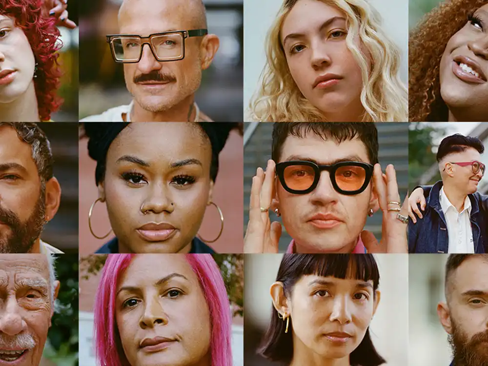 Grid of twelve portrait close-ups of LGBTQ+ people, from Lambda Legal's All Rise campaign