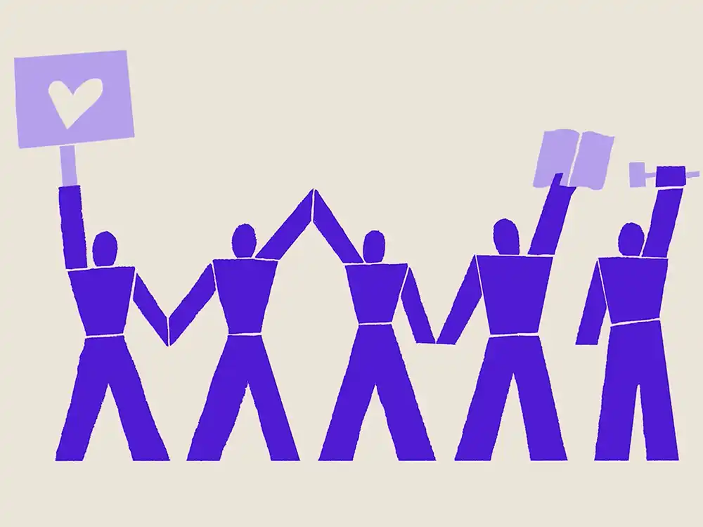 Purple geometric figures hold hands, a heart sign, and flags in a protest line, from Lambda Legal's All Rise campaign