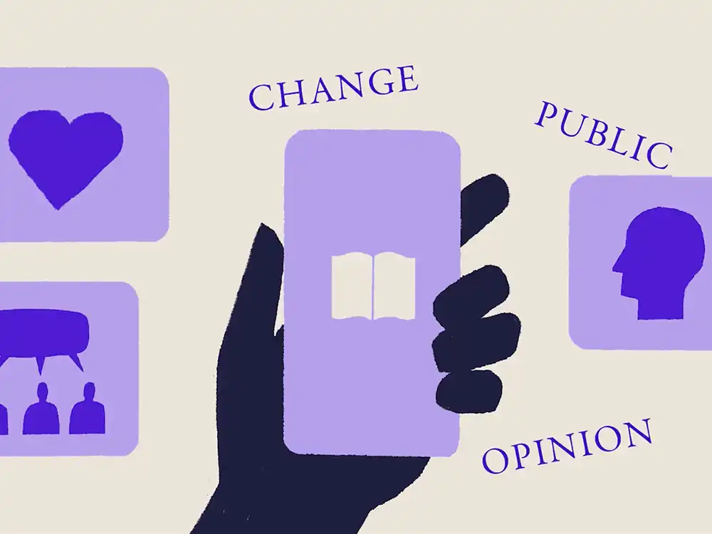 Illustrated hand holds a phone among social icons labeled CHANGE PUBLIC OPINION, from Lambda Legal's All Rise campaign