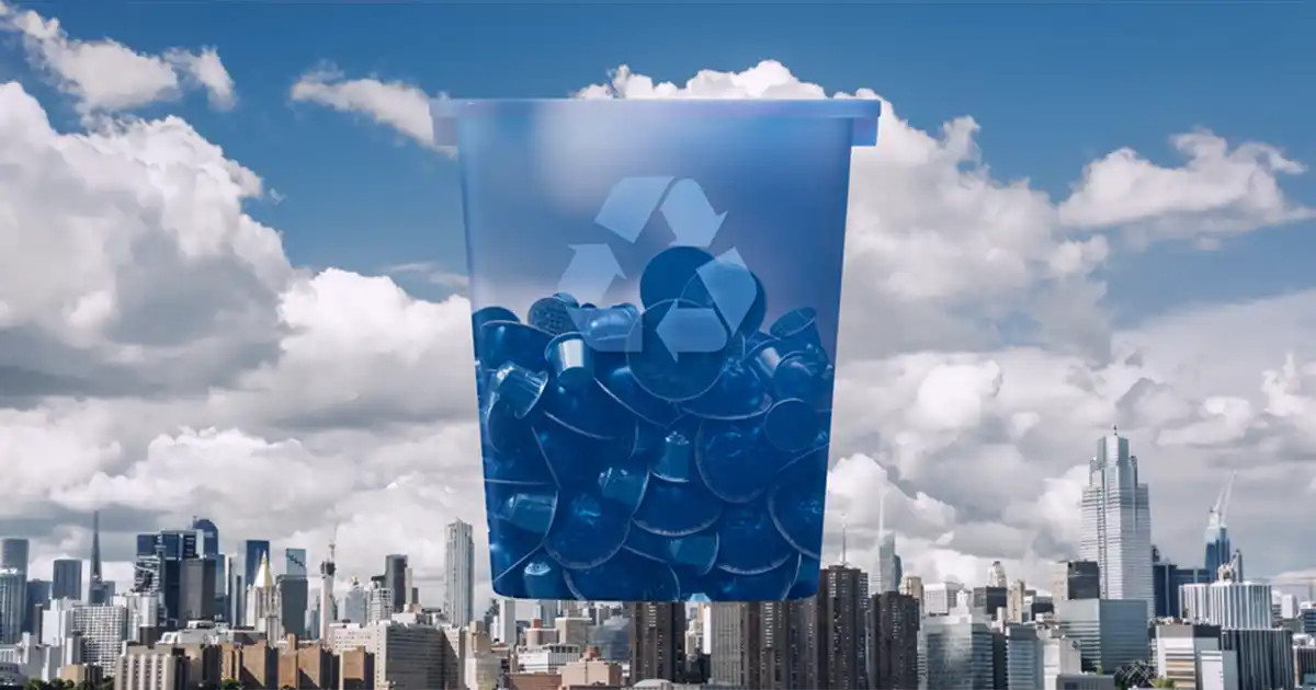 A giant recycling bin of blue Nespresso capsules hovers over a city skyline in The Power of Aluminum, Marketing Dive
