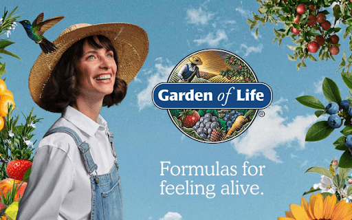 Garden of Life 'Formulas for Feeling Alive' campaign — a woman in a garden setting with the tagline 'Formulas for feeling alive'