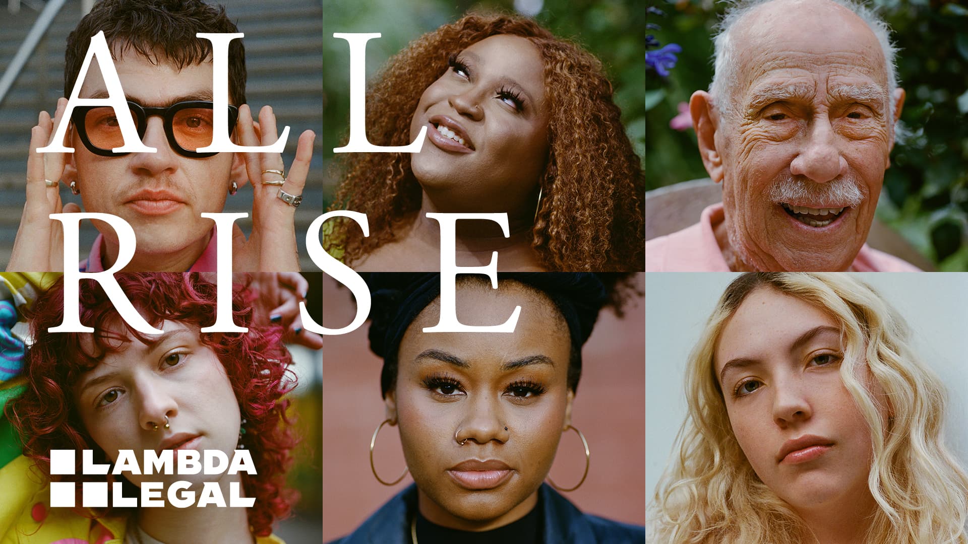 Lambda Legal All Rise campaign social media image featuring LGBTQ+ community members